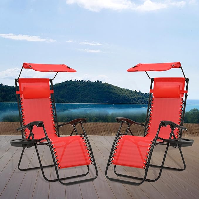 Athena Collection Zero Gravity Outdoor Lounge Chair Set of 2 with Canopy Shade, 25" Width Pool Lounge Lawn Chairs Reclining with Cup Holder, Outdoor Chaise for Beach Patio Outside, Red