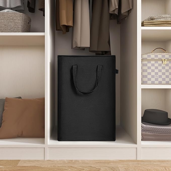 ZERO JET LAG Slim Laundry Hamper With Handles Collapsible Laundry Basket Thin Dirty Clothes Basket Narrow Laundry Bag Foldable Dirty Clothes Hamper 45L (23 inches,Black)