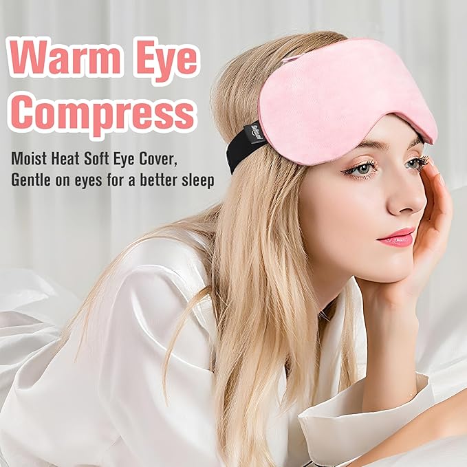 BeHoomi Heated Eye Mask Warm Compress for Eyes, Soothing Weighted Eye Mask for Sleeping, Microwave Moist Heating Pad Hot Compress for Eyes Relaxation, Reusable Sleep Mask for Home, Office (Pink)
