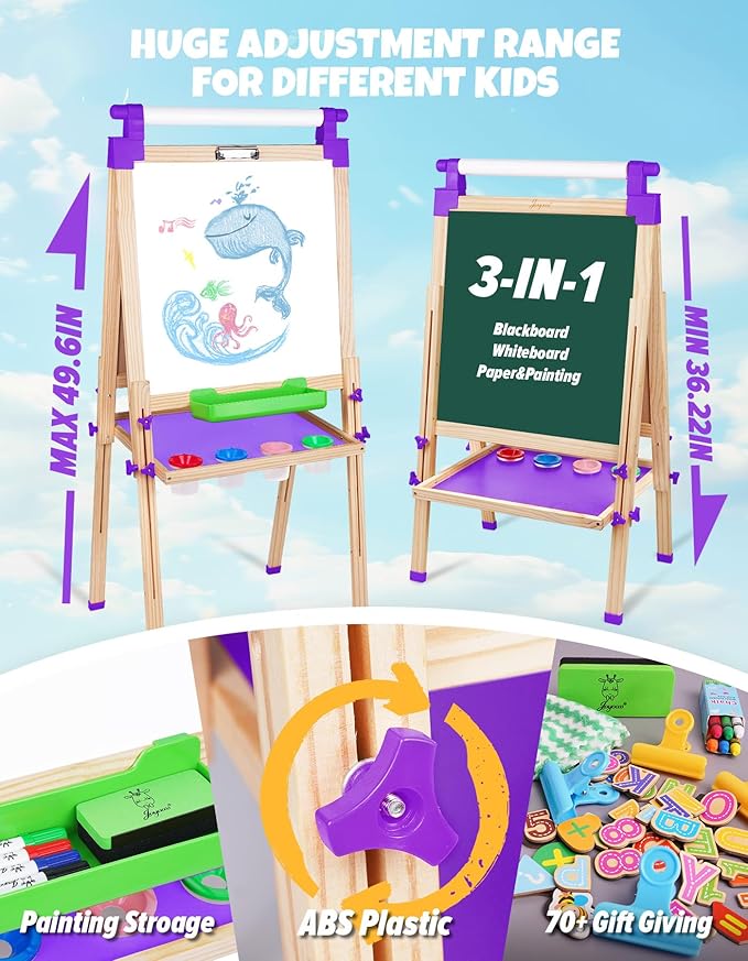 JOYOOSS Art Easel for Kids Art Easel Kids Easels for Toddlers,Wooden Kid Easel with Paper Roll - Chalkboard for Kids Adjustable Double Sided Kids Dry Erase Board, Toddler Art Easel for Kids Ages 4-8
