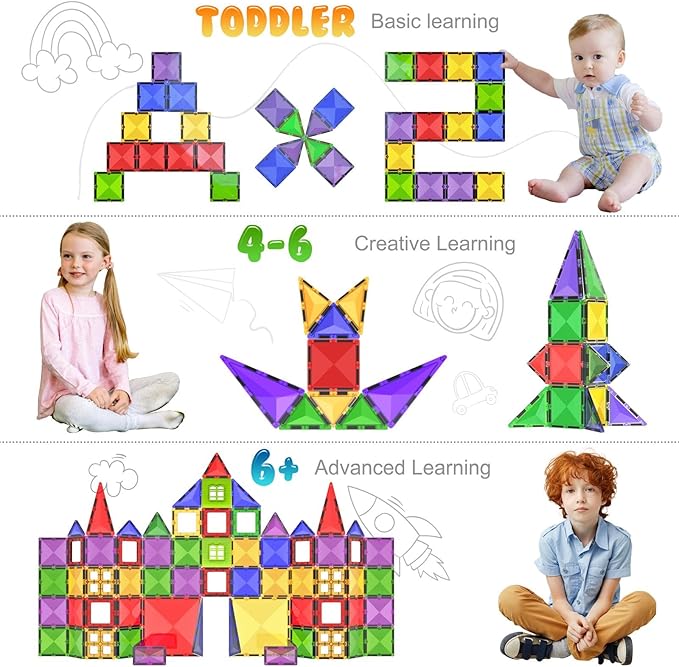 Magnetic Tiles Building Blocks Toy - STEM Educational Magnet Set for Kids, Creativity Preschool Learning Sensory Montessori Toddler Toys for Boys & Girls 3+ Years Old - 57PC
