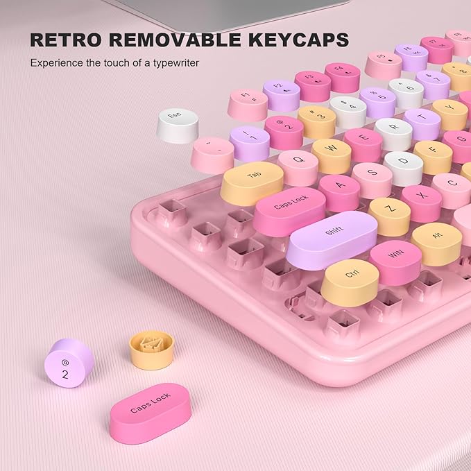 MOFII Wired Full Size USB Keyboard, Colorful Retro Round Typewriter Keyboard with Foldable Stands for Windows PC Laptop (Pale Pink)