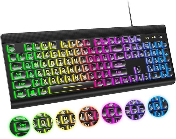 Large Print Backlit Keyboard, USB Wired Computer Keyboard, Full Size Keyboard with Rainbow Illuminated LED Compatible for Windows Desktop, Laptop, PC, Gaming, Black