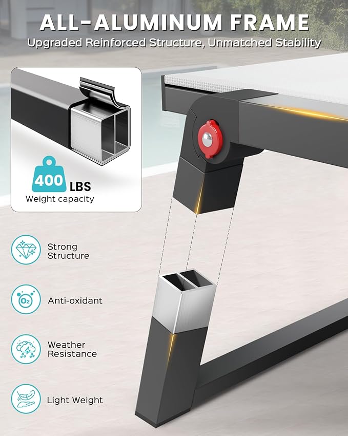 Aluminum Chaise Lounge Outdoor Set of 2, Foldable & Assembly Free Patio Pool Lounge Chairs 5-Position Recliner for Outside Poolside, Fully grounded legs Sun Lounger for Beach, Yard, Bright White