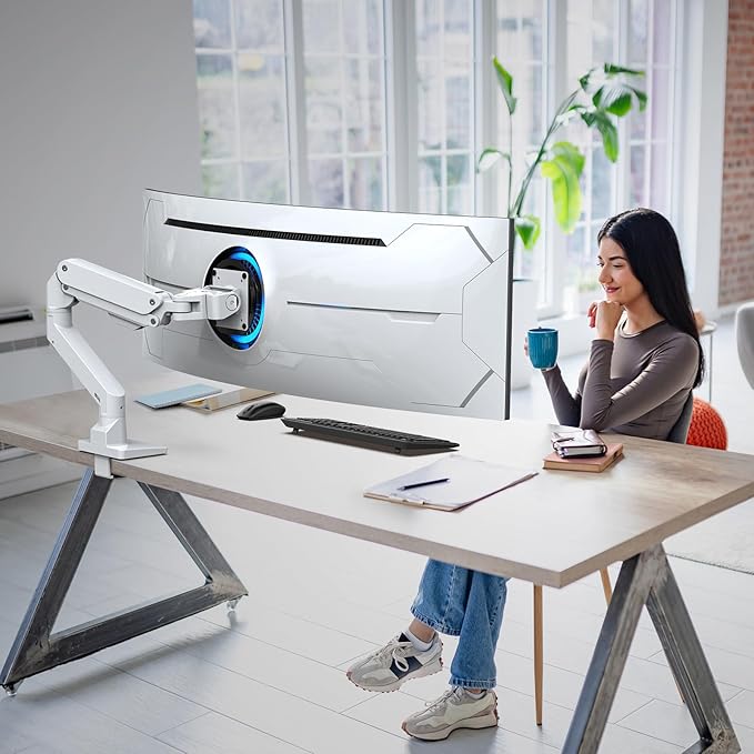 BEWISER Heavy Duty Monitor Arm Mount for 34-49 inches and Ultra 57 inches Screens,Weight Capacity Up to 44 lbs,Full Motion Height Swivel Adjustable Monitor Arm(White)