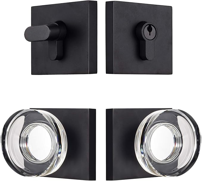 coolnews Deadbolt Lock and Door Knob Set, Crystal Glass Entry Door Knob and Deadbolt Lock Set, Matte Black