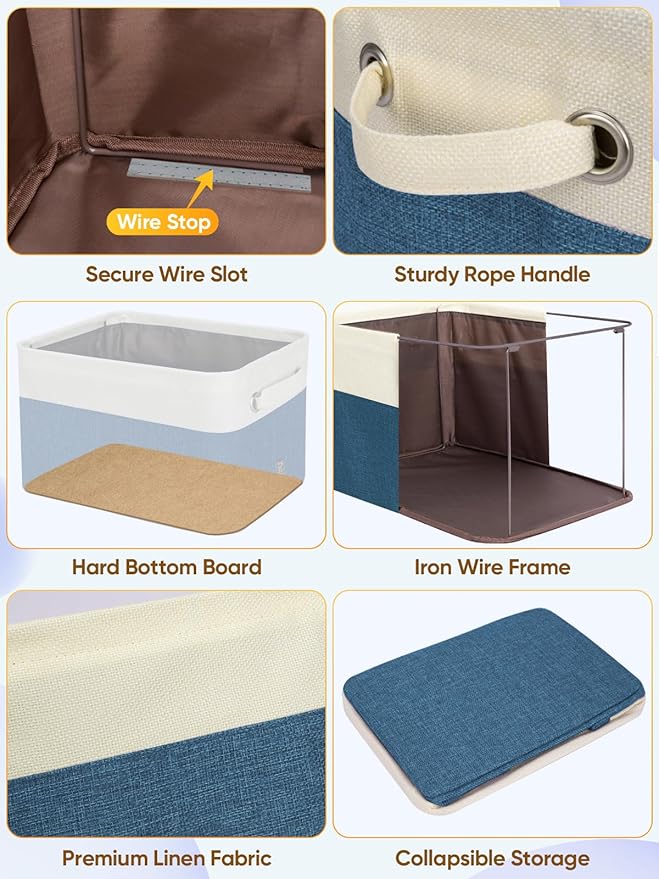 BALEINE 3 Pack Fabric Storage Bins for Shelves, Linen Storage Baskets for Organizing, Decorative Closet Bins for Clothes, Home (Navy Blue, 12"x8"x8")