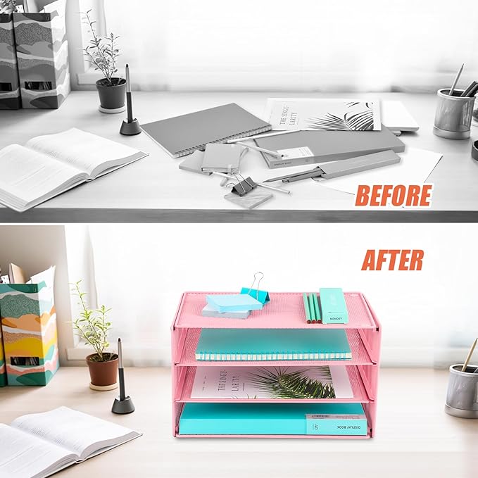 EASEPRES Paper Organizer Tray, 3 Tier Mesh Desk File Organizer Letter Sorter Holder for Home Office, Pink