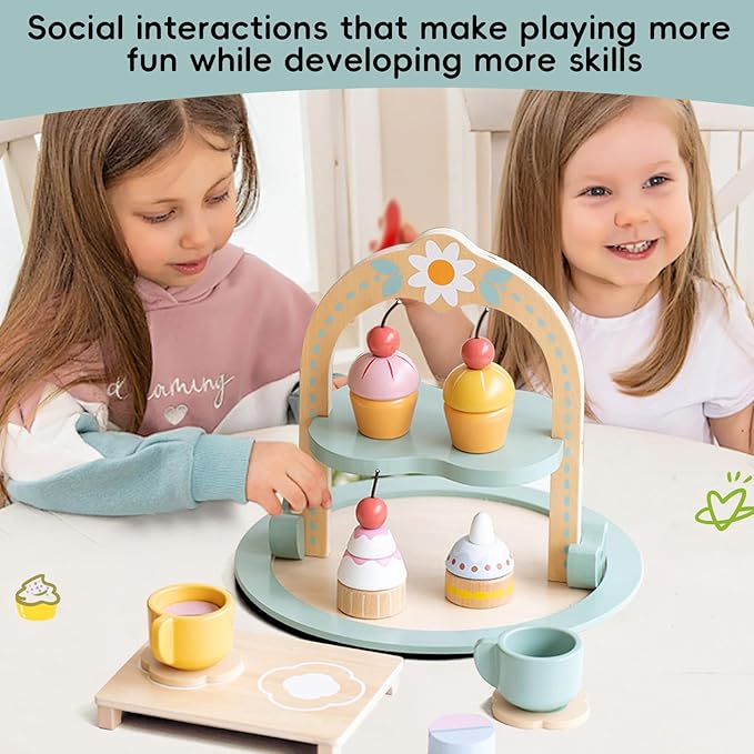 Garden Series Cake Toy Tea Party Set Desserts Food Toy with Cupcake Stand, Kids Pretend Play Kitchen Accessories, Wooden Play Food Set Toy Baking Gift for 3 4 5 Years Old Girls Boys