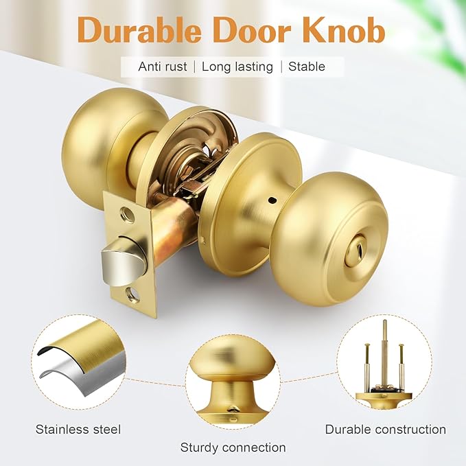 Probrico Brushed Brass Bed/Bath Knobs Keyless Privacy Interior Doors Locksets, Gold Door Knobs 2 Pack