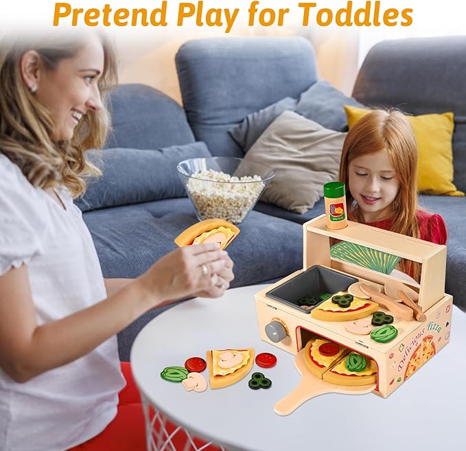 50 Pcs Wooden Pizza Toy, Montessori Pretend Play Toys, Wooden Pizza Counter Playset with Bake Oven, Play Food and Accessories, Cooking Pretend Play Toys for Boys Girls Age 3+