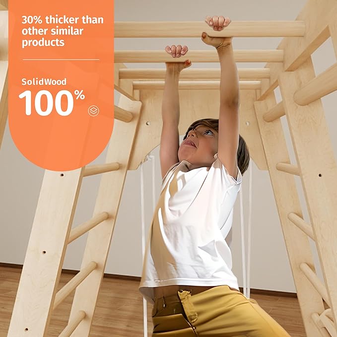 Indoor Jungle Gym, Montessori Climbing Toys, Toddler Indoor Playground Set 8-in-1 with Swing, Armband, Rock Climb Wall, Slide, Monkey Bar, Wood & Rope Ladder, Rope Wall Ladder for Kids 1-8yrs