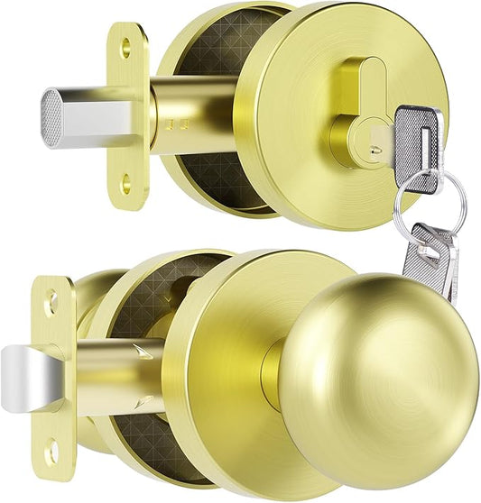 Gold/Brass Passage Door Knob and Deadbolt Set Interior/Exterior Door Knob with Single Cylinder Deadbolt Lock Set
