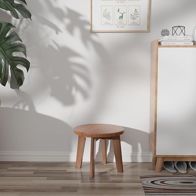 Wooden Step Stools for Kids,Small Portable Wood Stepping Stools Bamboo Shower Stool for Adults Sturdy Non-Slip Bench 300 lbs in Office Bathroom Kitchen Plant Stand 10inch (Round)