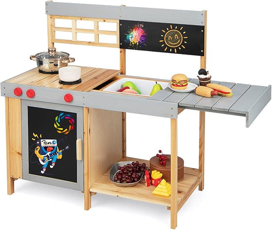 HONEY JOY Mud Kitchen, Wooden Outdoor Play Kitchen for Toddlers, Removable Sink, Chalkboard, Kids Kitchen Playset, Mud Table, Pretend Play Mud Kitchen for Kids Outdoor, Gift for Boys Girls