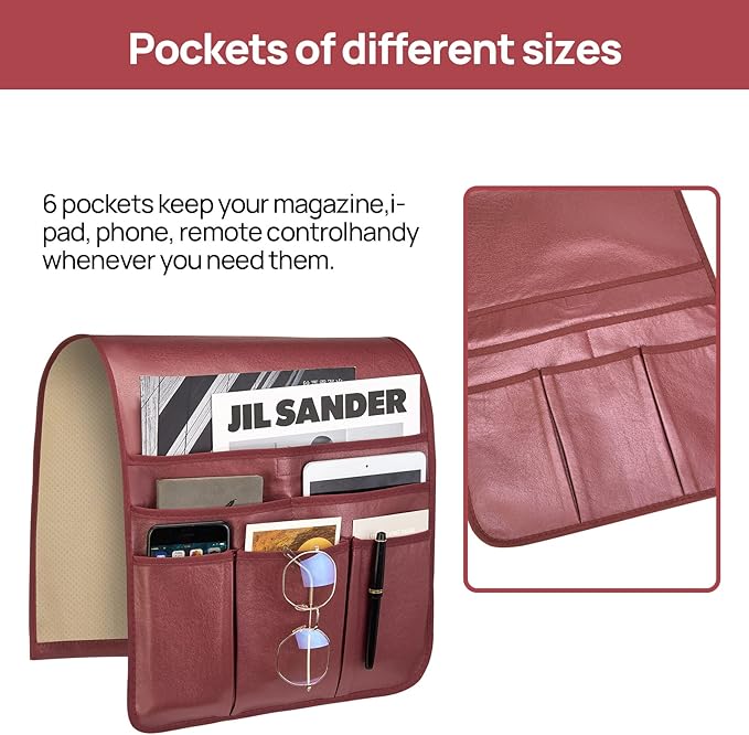 Teniux Remote Control Holder Faux Leather Armrest Organizer with 6 Pockets for Recliner Couch Sofa, Armchair Caddy for Smart Phone, Book, Magazines, Ipad, Remotes (Rose Wine)