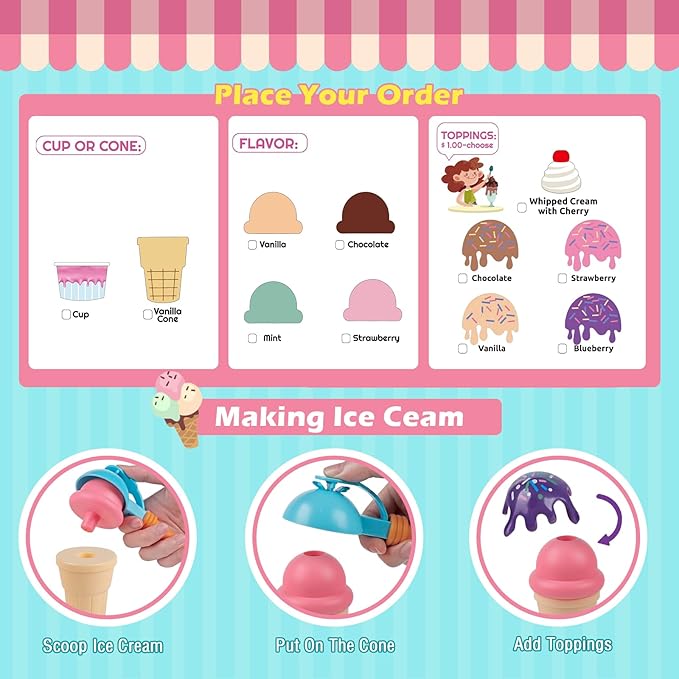 Ice Cream Counter Playset for Kids, Ice Cream Shop Toys, Pretend Play Toys, Play Food Scoop and Serve, Toddler Girls and Boys Ages 3+