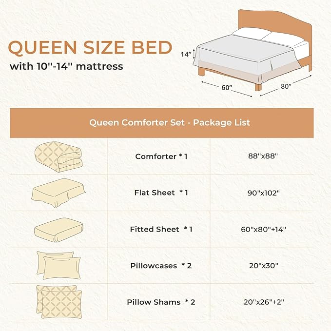 Sasttie Queen Comforter Set, 7-Piece Bed in a Bag, Pintuck Bedding Sets for All Season, Includes Comforter, Flat Sheet, Fitted Sheet, Pillowcases and Pillowshams, Warm Beige