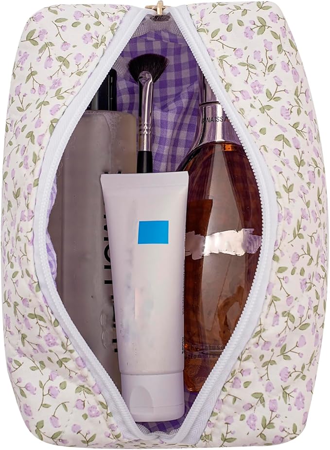 HHQQWZ Makeup Bag Travel Cosmetic Bag for Women Girls, Zipper Make Up Pouch, Floral Flowers Toiletry Organizer Makeup, Portable Storage Cosmetic Travel Cloth Bag (Purple Floral)