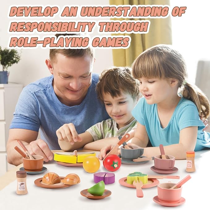 GAGAKU Wooden Dishes Kids Wooden Dishes for Play Kitchen Kids Play Dish Set Wood Plates Set for Toddler Montessori Wooden Kitchen Toys Accessories