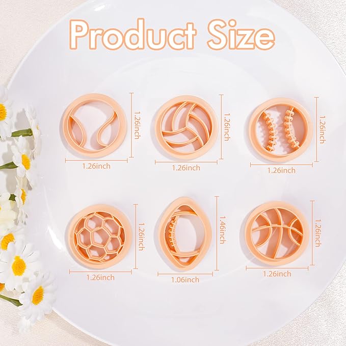 Puocaon Sports Polymer Clay Cutters - 6 Shapes Sports Balls Clay Cutters for Polymer Clay Earrings Making, Football Baseball Shapes Polymer Clay Cutters for Jewelry Making, Sports Clay Cutters Set