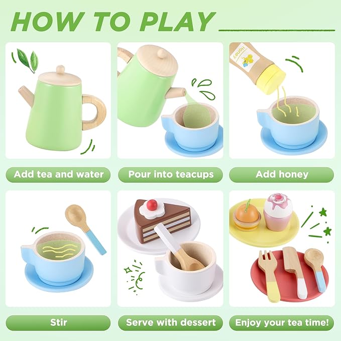 GAGAKU Wooden Tea Set and Wooden Play Dishes 2 in 1 Play Food Set Toy 28 PCS Montessori Wooden Play Kitchen Accessories Kitchen Toy for Toddlers Wooden Play Cooking Set for 3-8 Years Girls and Boys