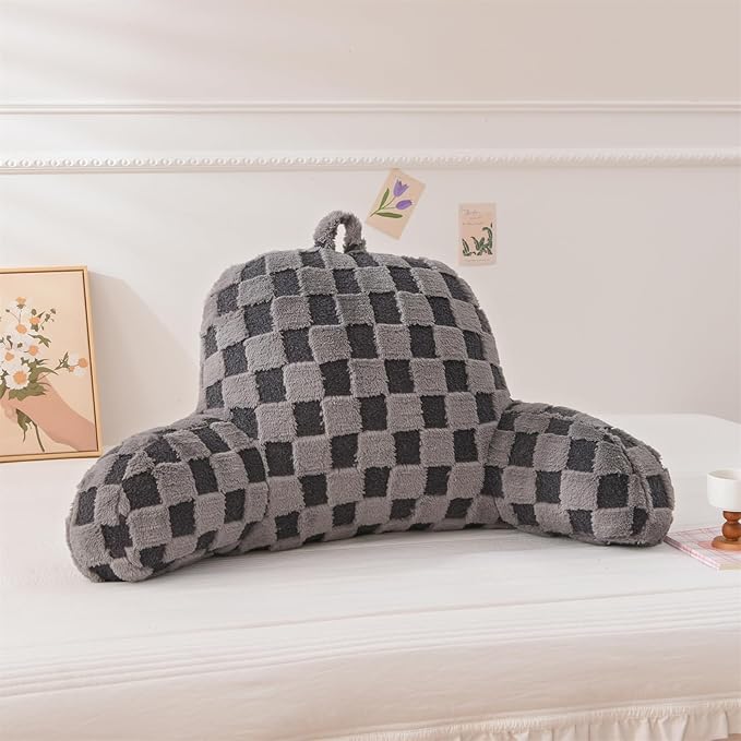 Aimuan Checkered Reading Pillow Bed Rest Wedge Backrest Checkerboard Pillow with Arms Back Support for Sitting Up in Bed Cushion Incline Rest Sleeping Snoring Pillow (Dark Grey,Standard)
