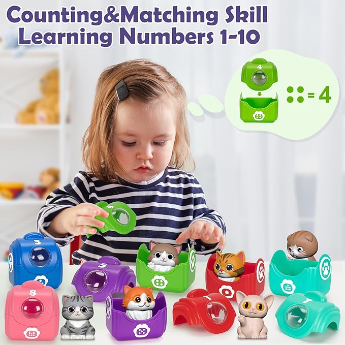 Learning Toys for 1 2 3 Year Old Boys Girls, 20 Pcs Cat Toys for Toddlers 1-3, Kitten Finger Puppet Games, Counting Matching Sorting Motor Educational Playset, Gifts for Baby Toddlers Age 12-18 Months