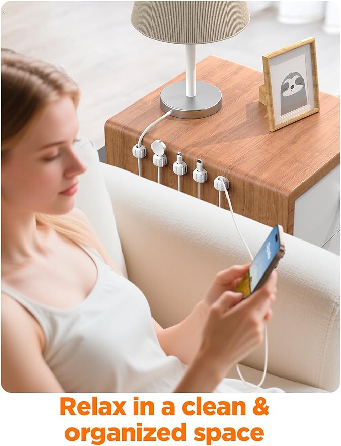 12Pack Cord Organizer, Chfeila Compact Dual Spring & Clasp Lock Cable Management Clips, Adhesive Phone Charger Keeper, Wire Holder for Nightstand/Car, Home Office Desk Accessories Decor Essentials