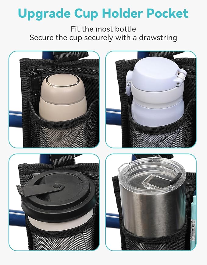 Wheelchair Side Bag, Wheelchair Armrest Pouch Accessories with Cup Holder, Storage Bag for Walker, Rollator, Electric Scooter Wheelchairs, Ideal Gift for Mother's Day & Father's Day