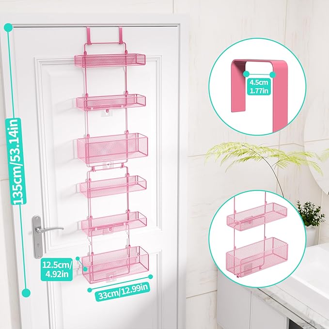 HapiRm Over Door Organizer Storage - Separable Door Organizer Hanging with 6 Metal Large Capacity Baskets for Bathroom Bedroom Kitchen Pantry Closet (Pink)