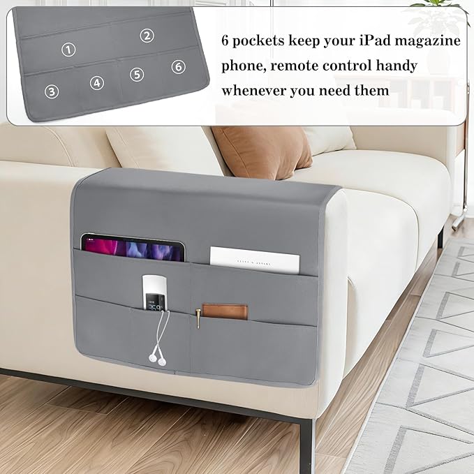 PU Leather Couch Organizer Caddy Sofa Armrest Organizer, Remote Control Holder for Recliner, Waterproof Armchair Caddy with 6 Pockets Storage for Magazine, Tablet, Phone, Remote (Dark Gray)