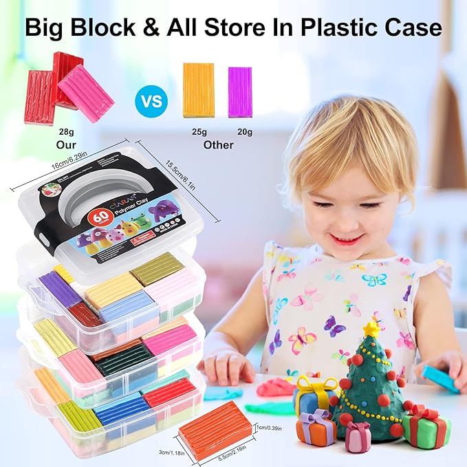 CiaraQ Polymer Clay-Oven Baked Modeling Clay with Sculpting Tools, 60 Colors, 4.7 lbs