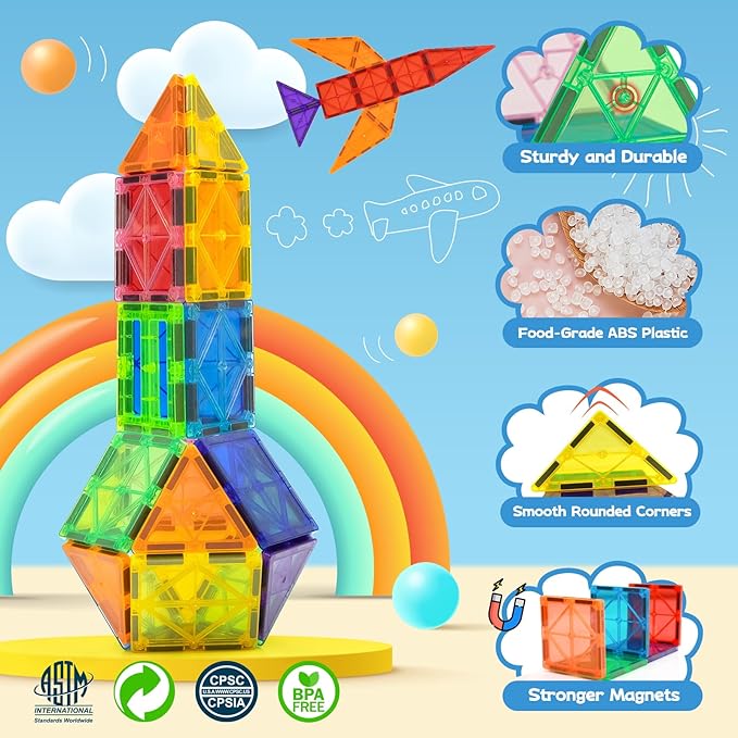 EchoPlan Magnetic Tiles,Deluxe 130 PCS Magnetic Blocks with 2 Cars,Magnet Tiles Building Blocks Set,STEM Preschool Sensory Educational Toys Gifts for Toddlers Kids Boys 3 4 5 6 7 8 9+ Year Old