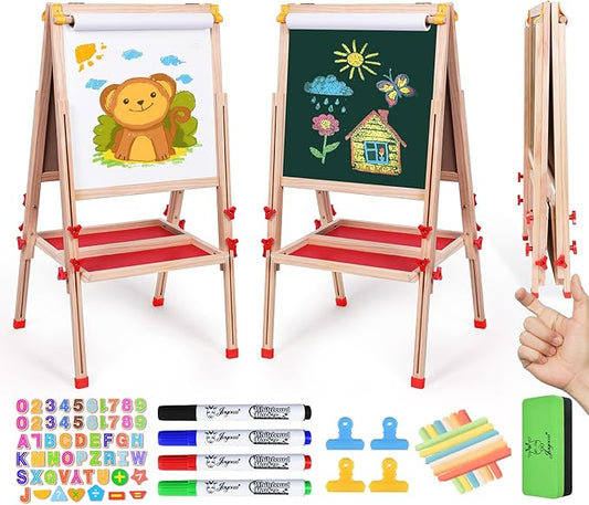Joyooss Art Easel for Kids Easel, Kids Easel for Painting Wooden Whiteboard & Chalkboard Kids Art Easel, Toddler Art Easel One Get Many Kids Easel with Paper roll Art Easel for Kids Ages 2-4 4-8 8-12