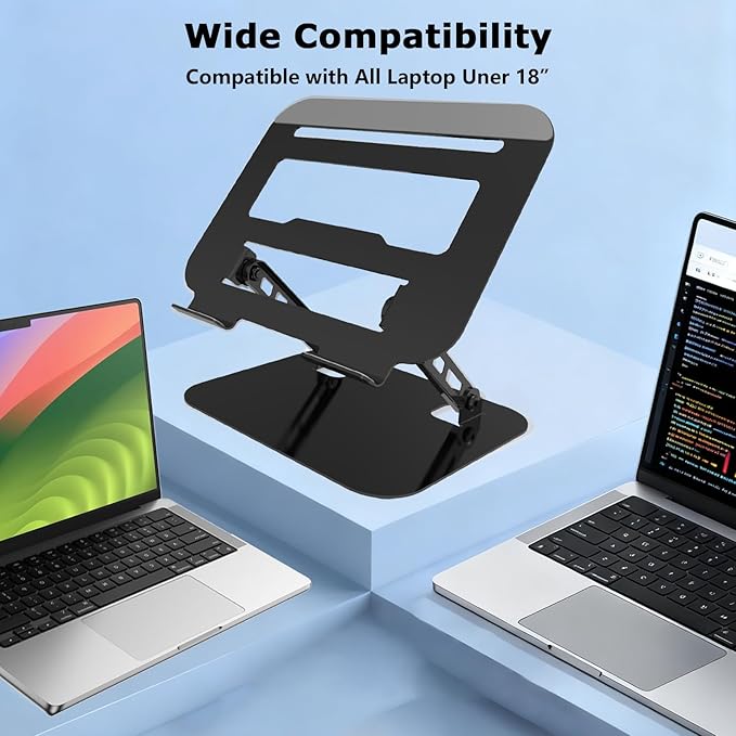 Adjustable Laptop Stand, Ultra Stable Metal Base Ergonomic Foldable Computer Riser for Desk Compatible with MacBook Pro/Air Notebook All Laptop Under 18 Inches (Black)