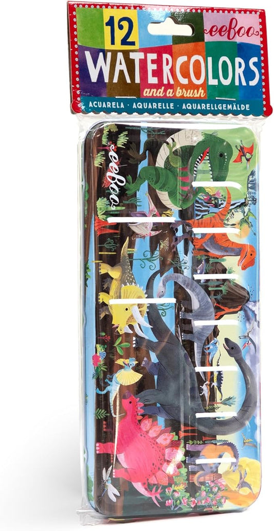eeBoo: Dinosaur 12 Watercolors - Paint Set w Brush, Beautiful Design Tin Box, 12 Vibrant Colors, Kids Art Supplies, Ages 3+