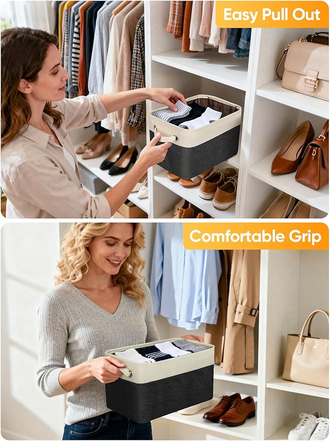 BALEINE 4 Pack Fabric Storage Bins for Shelves, Linen Storage Baskets for Organizing, Decorative Closet Bins for Clothes, Home (Black, 17''x13''x10.5'')