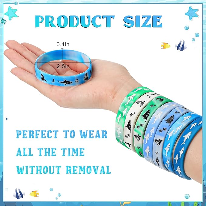48 Pieces Shark Party Favors Shark Wristbands Shark Birthday Party Bracelets Shark Silicone Wristbands for Shark Themed Parties, Deep Ocean Parties, Under The Sea Clubs, Team Building Activities