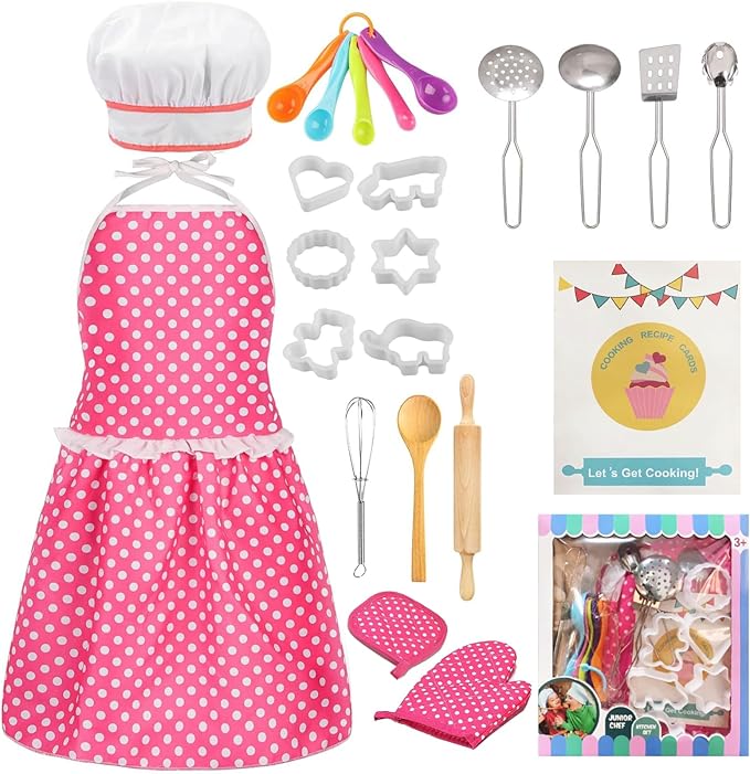 Kids Cooking Baking Set , Kids Kitchen Pretend Play Toys, Kids Chef Role Play Costume Set - Chef Hat and Matching Pink Apron, Birthday Xmas Gifts for 3-8 Year Old Girls Toys
