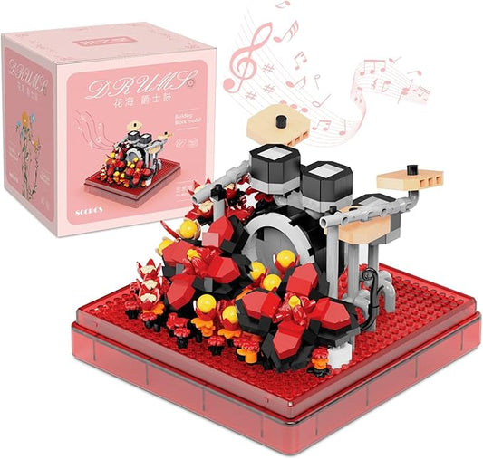 Drums Mini Building Block Sets with Colorful Flower Decor, Micro Building Sets with Dust Cover,Gift for Girl,Lover,Mother, Home Office Decor Kit Suit for Kids and Adult Aged 8+(Drums)