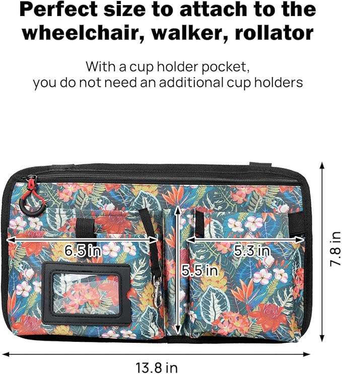 JOYTUTUS Wheelchair Side Bag, Upgraded Walker Pouch Bag with Cup Holder, Wheelchair Armrest Accessories for Walker, Rollator, Electric Scooter Wheelchairs, Ideal Gift for Seniors, Green