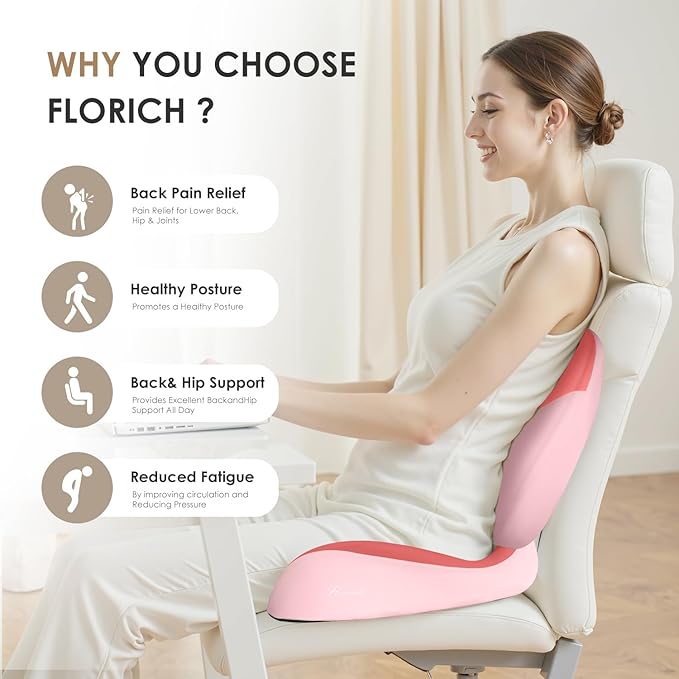FLORICH Lumbar Support Pillow and Car Seat Cushion for Driving Car Office Chair, Memory Foam Back Support Pillow and Office Seat Chair Cushion for Sciatica Pain Relief - Pink