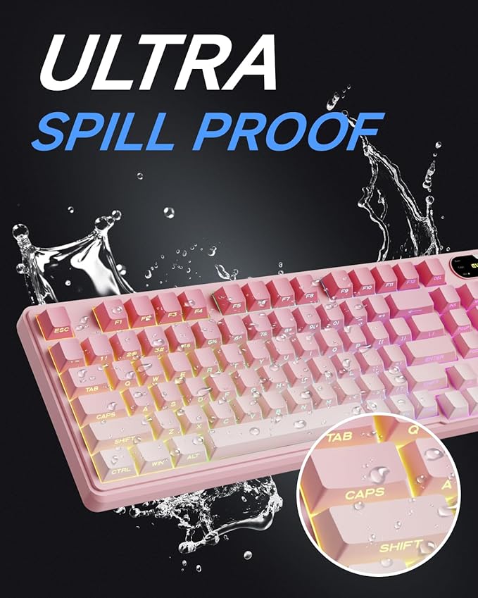 V102 Wired Keyboard, 98 Keys Creamy Gaming Keyboard with Number Pad, Display Screen & Media Knob RGB Silent Wired Cute Computer Keyboard for Laptop PC Gamer - Gradient Pink