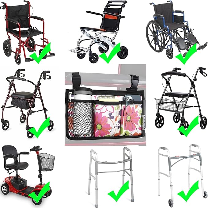 Wheelchair Side Bag, Upgrade Flower Color Wheelchair Armrest Storage Pouch with Cup Holder and Reflective Strip Made with Waterproof Fabric, for Most Wheelchairs, Walkers and Rollators (Pink Floral)