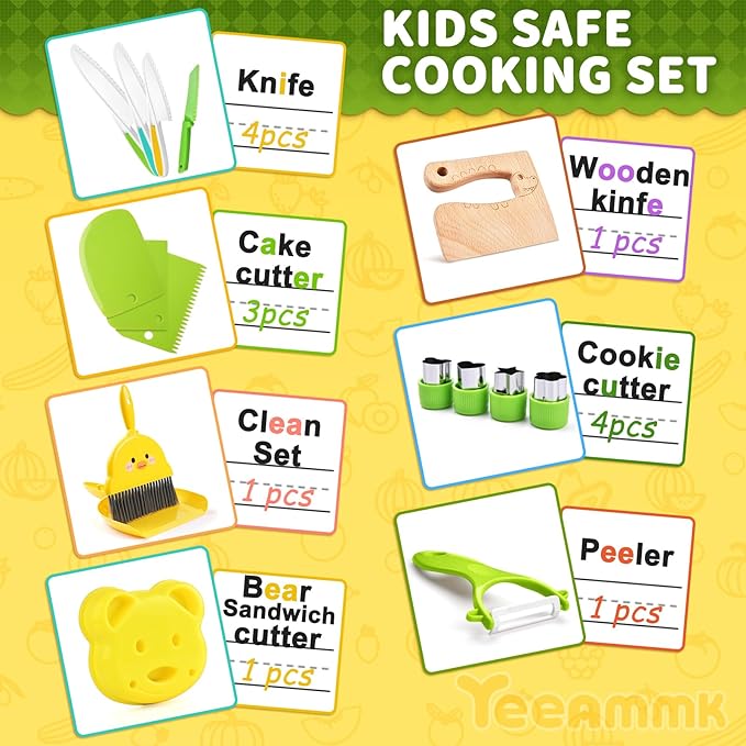 Kids Kitchen Tools,19 Pieces Kids Cooking Sets Real-Montessori Cooking Set for Toddlers Kids Chef Set with Children Safe Knives Cutting Set