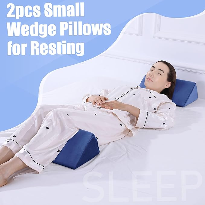BALAPET 2 Pcs Small Wedge Pillow for Sleeping，Premium Foam Bed Pillow for Side Sleeping,Triangle Wedge Pillow for Leg Elevation,Yoga,Reduce Back Pain(Blue