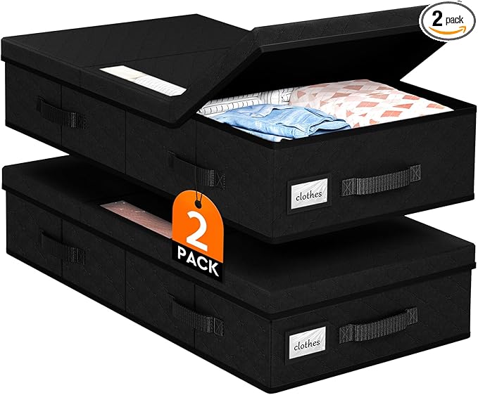 Under Bed Storage Containers with Lids - 2 Pack, Foldable and Stackable Clothes Storage Bags with Clear Window, 3-Sided Handles and Label Slot for Clothing, Blankets, Pillows (Black)