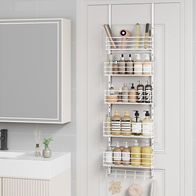 SWTYMIKI Over The Door Organizer - Door Organizer Hanging with 5 Adjustable Metal Large Capacity Basket and 6 Coat Hook, Wall Mounted Shelf for Bedroom Closet Bathroom Laundry Pantry Cabinet Kitchen