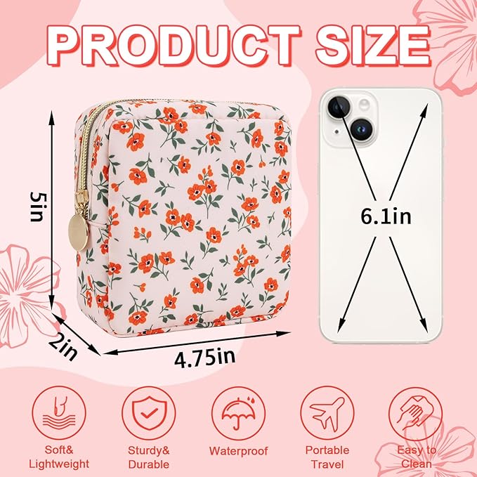 UIXIZQ Waterproof Mini Floral Makeup Bag Pouch for Purse,Nylon Flower Cosmetic Travel Bag Small Preppy Toiletry Organizers Bag for Women Girl,Cute Zipper Pouch Coin Purse for Work(Mini Pink-Flowers)